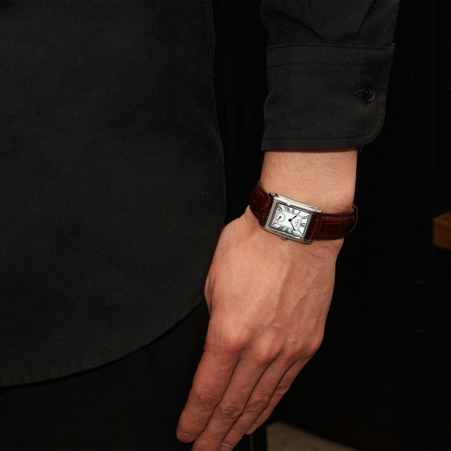 Classic Rectangular Silver Crocodile Embossed Leather Black KN004-SVBKC