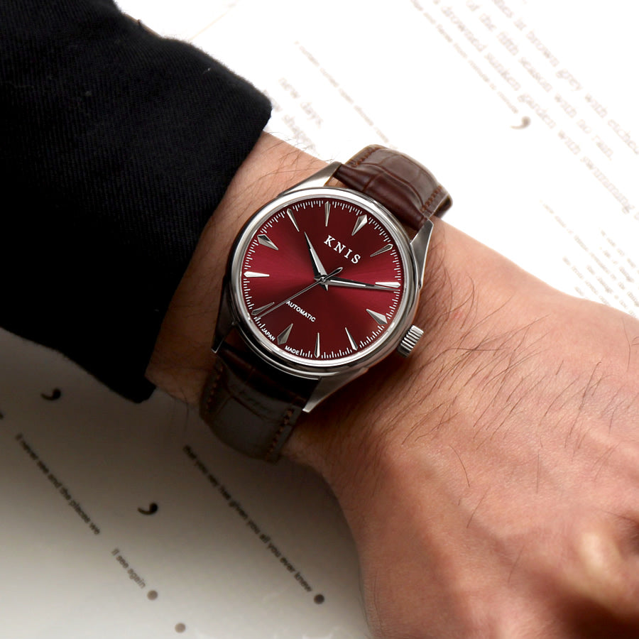 KNIS Automatic Sunray Dial Wine Red Brown Leather KN001-RDBRLE