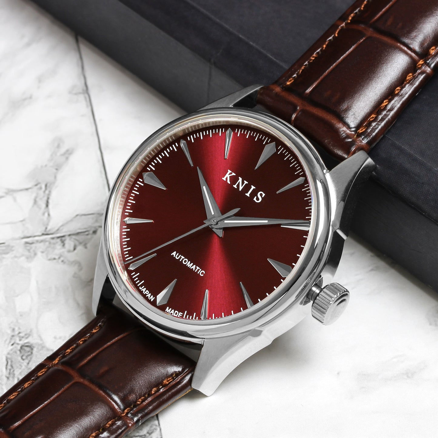KNIS Automatic Sunray Dial Wine Red Brown Leather KN001-RDBRLE