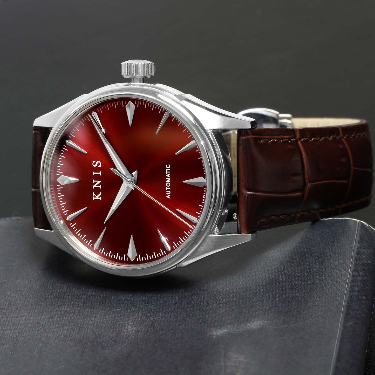 KNIS Automatic Sunray Dial Wine Red Brown Leather KN001-RDBRLE