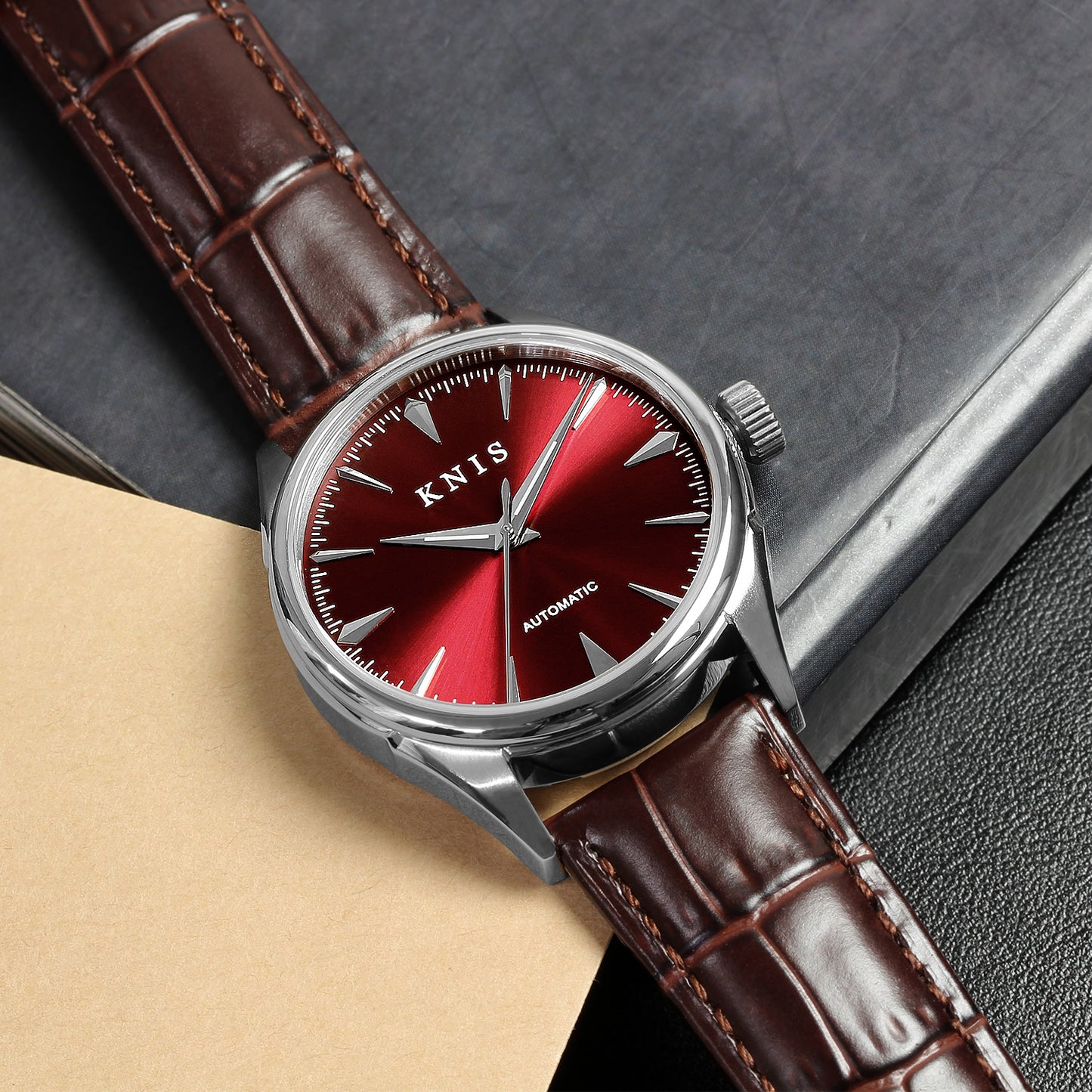 KNIS Automatic Sunray Dial Wine Red Brown Leather KN001-RDBRLE