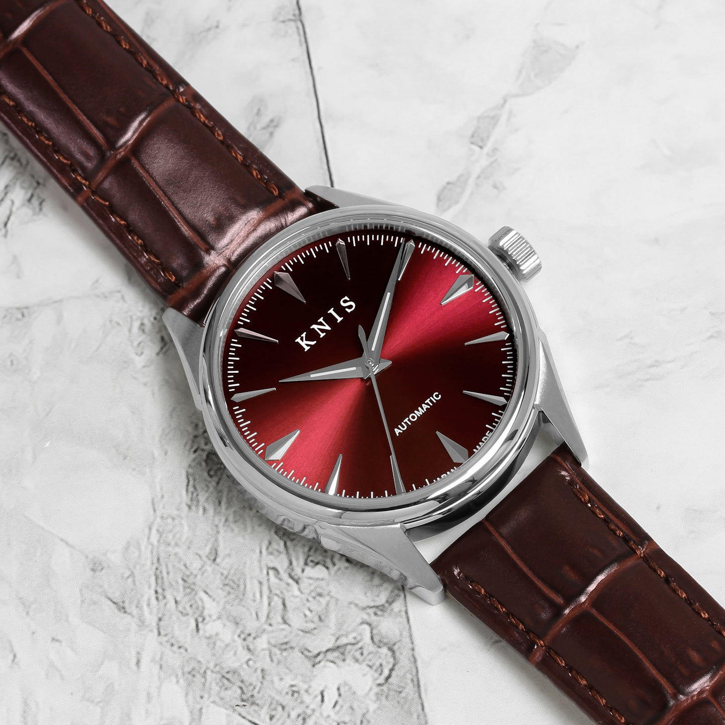 KNIS Automatic Sunray Dial Wine Red Brown Leather KN001-RDBRLE