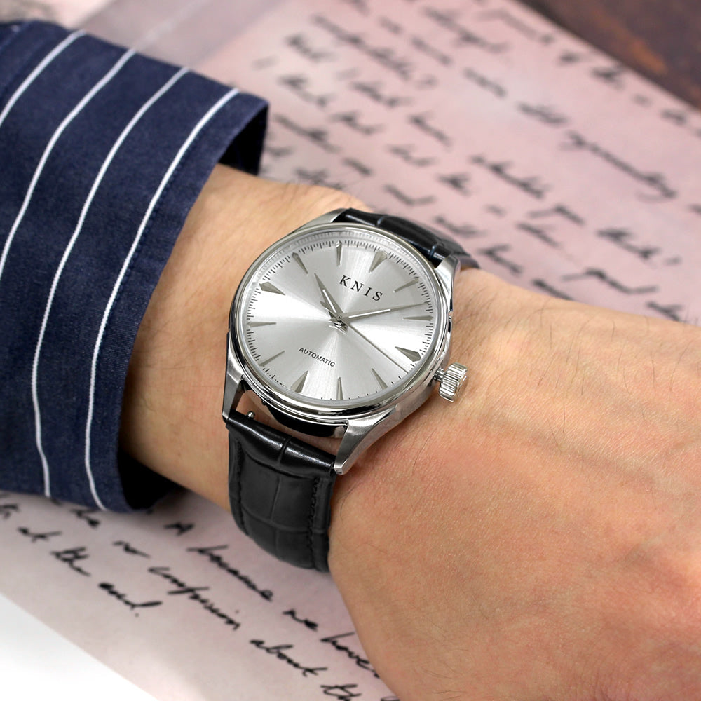KNIS Automatic Sunray Dial White Silver Black Leather KN001-WHBKLE