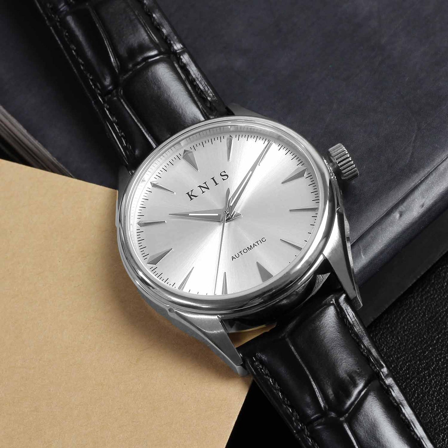 KNIS Automatic Sunray Dial White Silver Black Leather KN001-WHBKLE