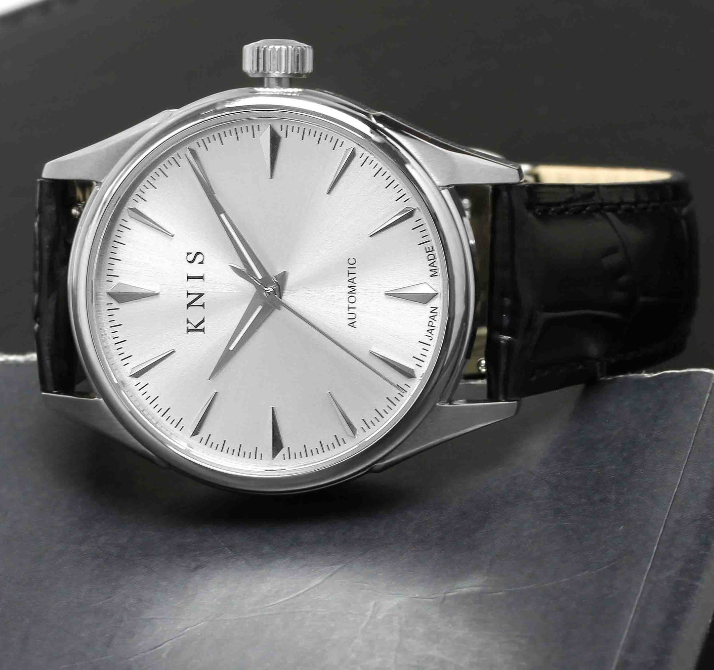 KNIS Automatic Sunray Dial White Silver Black Leather KN001-WHBKLE