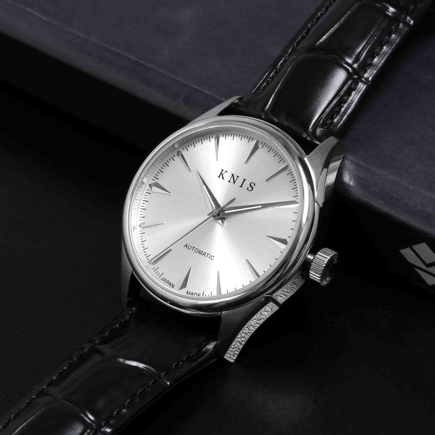 KNIS Automatic Sunray Dial White Silver Black Leather KN001-WHBKLE