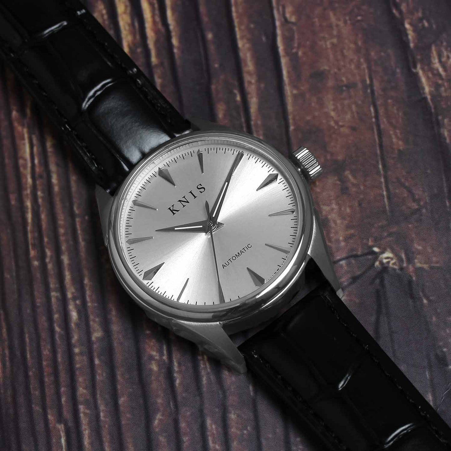 KNIS Automatic Sunray Dial White Silver Black Leather KN001-WHBKLE