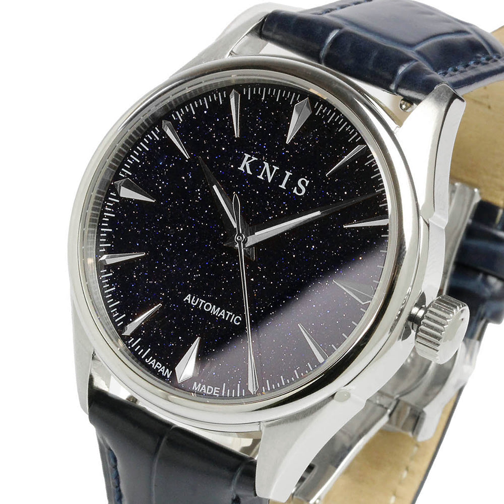 KNIS アベンチュリンダイヤル 日本製 自動巻き 腕時計 メンズ シルバー レザー ブルー KN001-AVSVBLLE