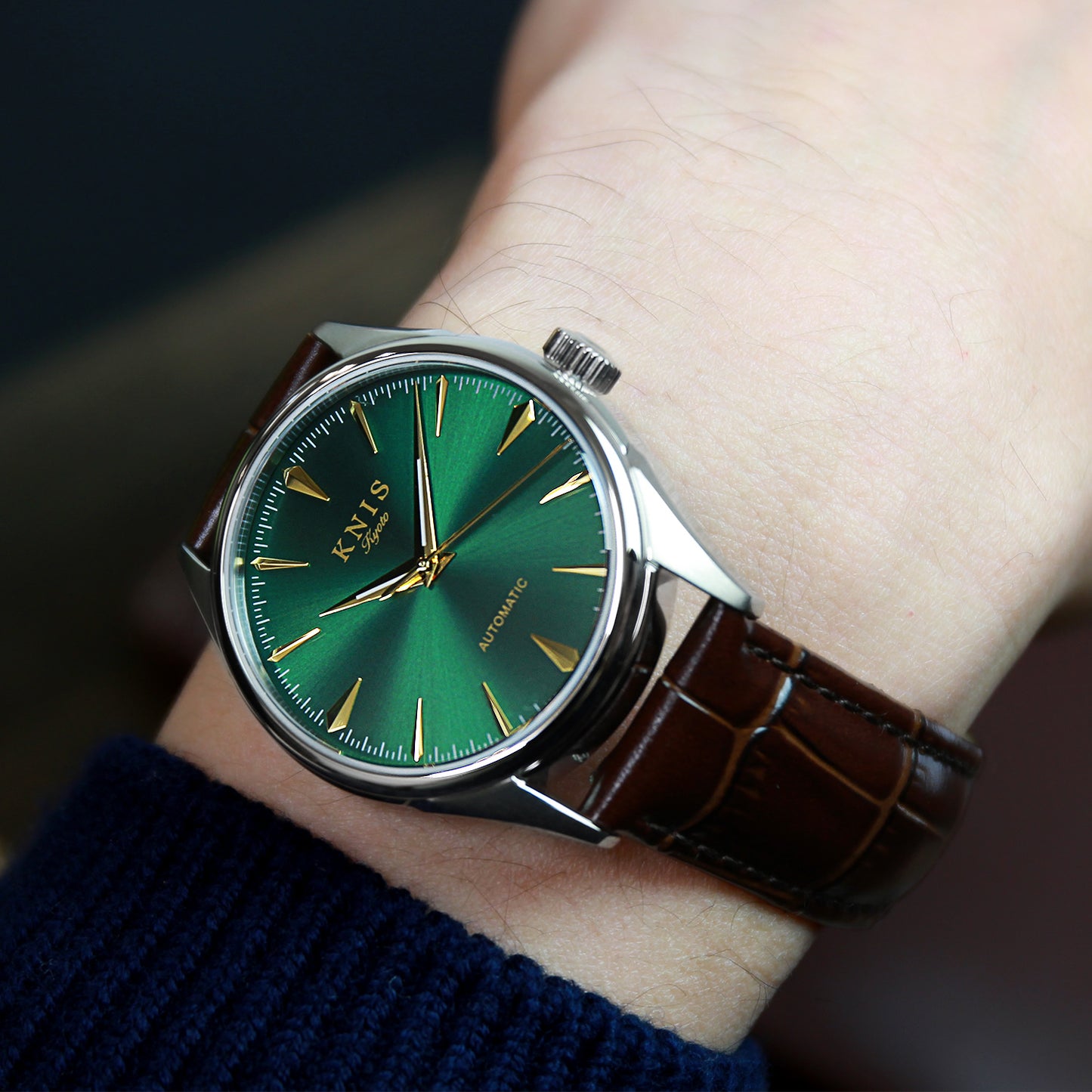 KNIS 自動巻き サンレイダイアル グリーン ブラウン レザー KN001-GRBRLE