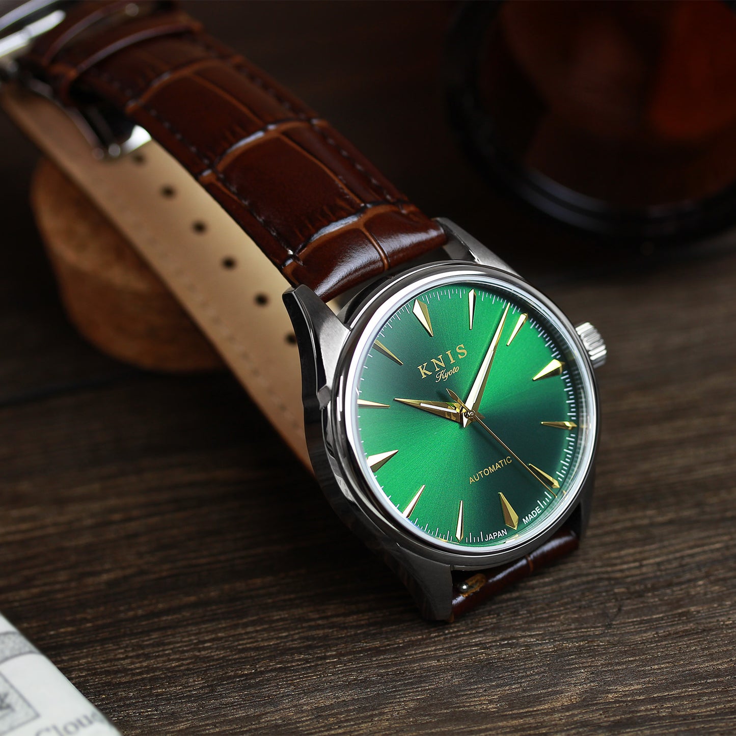 KNIS 自動巻き サンレイダイアル グリーン ブラウン レザー KN001-GRBRLE