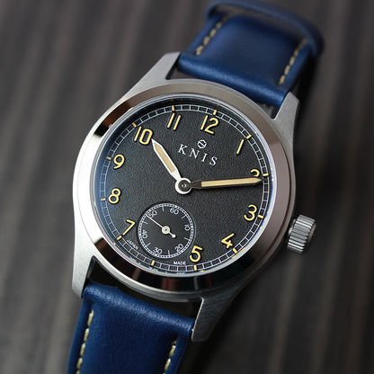 KNIS Retro Military Watch - Black Dial with Navy Leather Strap KN003-BKNVLE