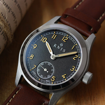 KNIS Retro Military Watch - Black Dial with Brown Leather Strap KN003-BKBRLE