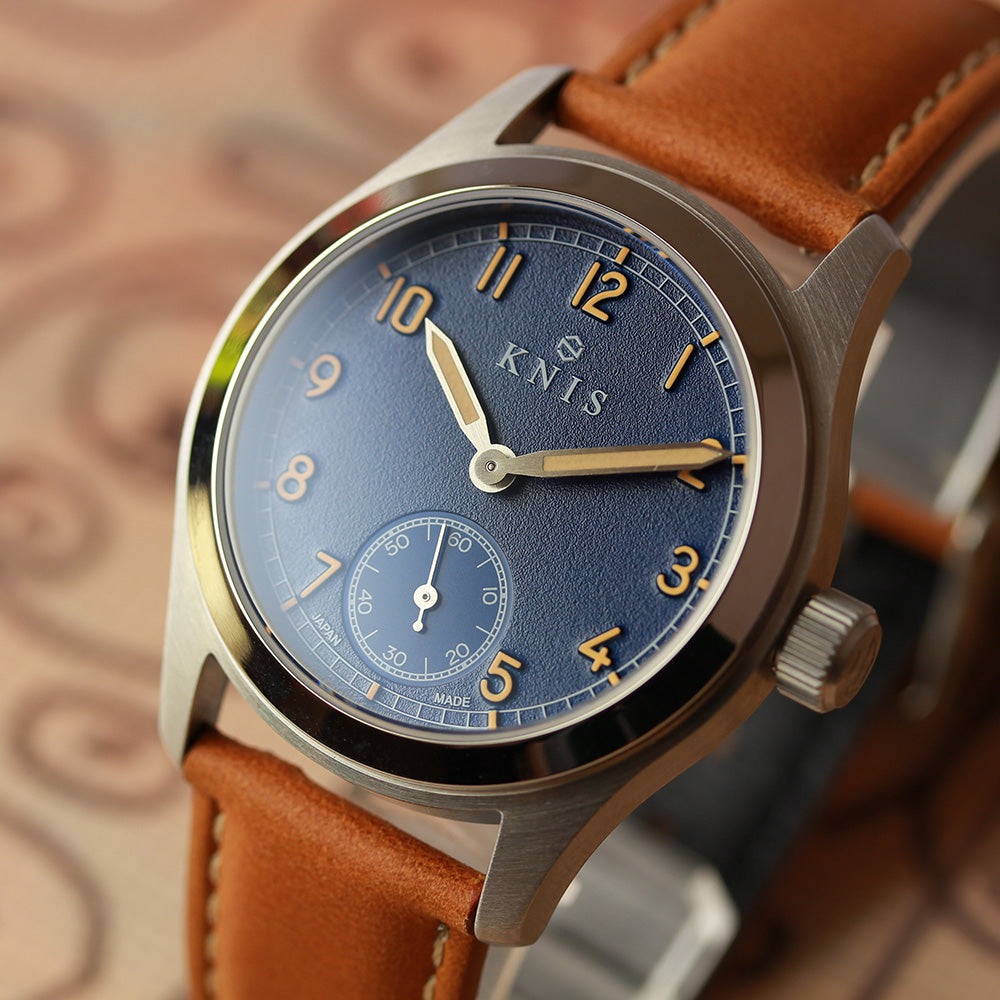 KNIS Retro Military Watch - Blue Dial with Camel Leather Strap KN003-BLCALE