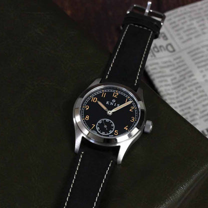 KNIS Retro Military Watch - Black Dial with Black Leather Strap KN003-BKBKLE