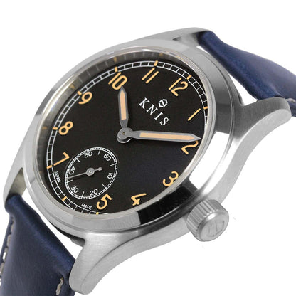 KNIS Retro Military Watch - Black Dial with Navy Leather Strap KN003-BKNVLE