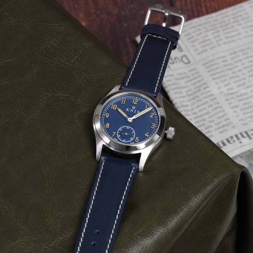 KNIS Retro Military Watch - Blue Dial with Navy Leather Strap KN003-BLNVLE