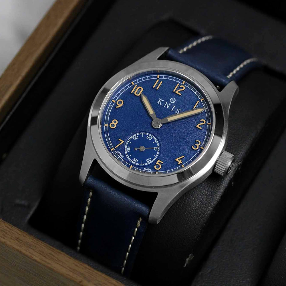 KNIS Retro Military Watch - Blue Dial with Navy Leather Strap KN003-BLNVLE