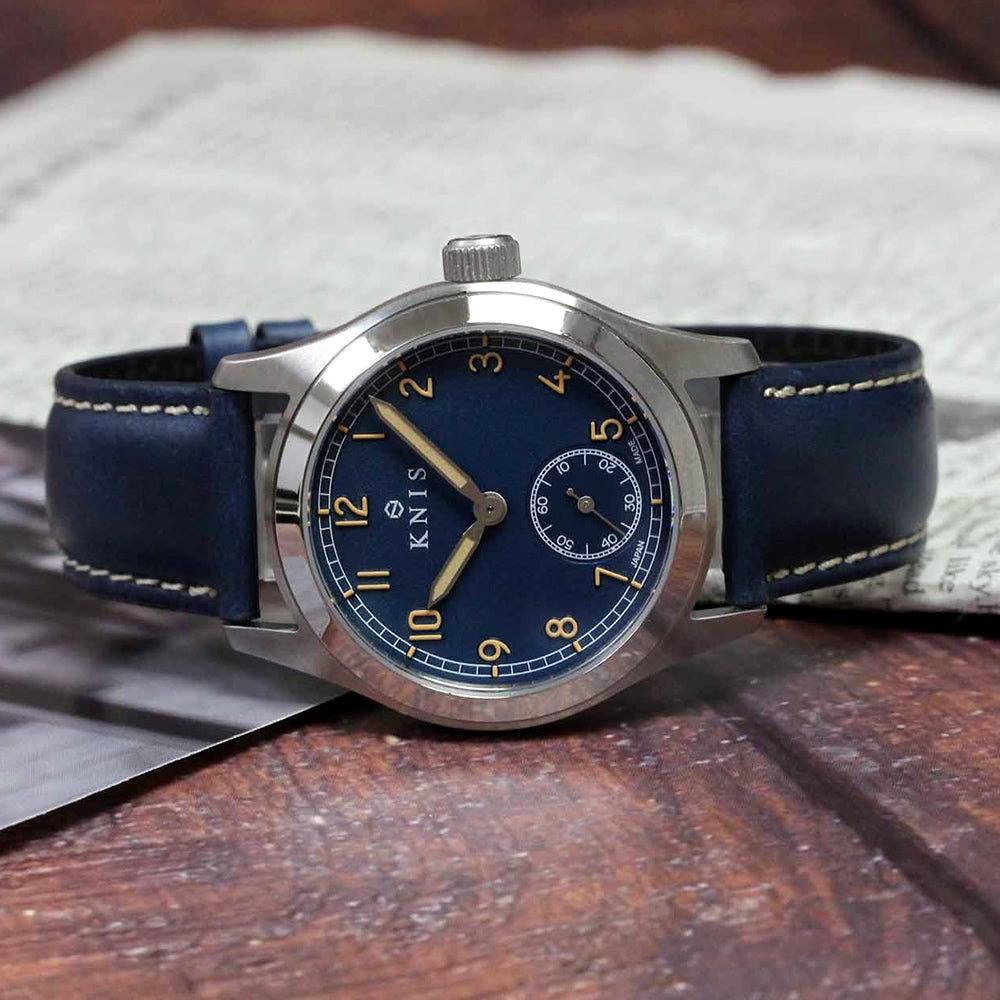 KNIS Retro Military Watch - Blue Dial with Navy Leather Strap KN003-BLNVLE