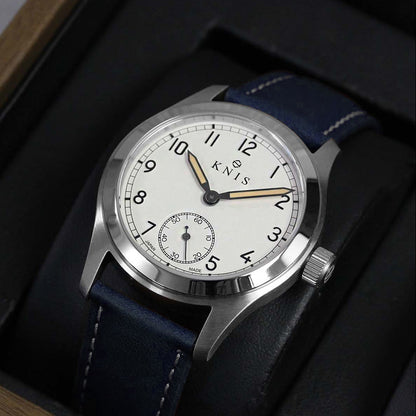 KNIS Retro Military Watch - Off-White Dial with Navy Leather Strap KN003-WHNVLE