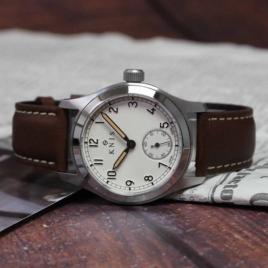 KNIS Retro Military Watch - Off-White Dial with Brown Leather Strap KN