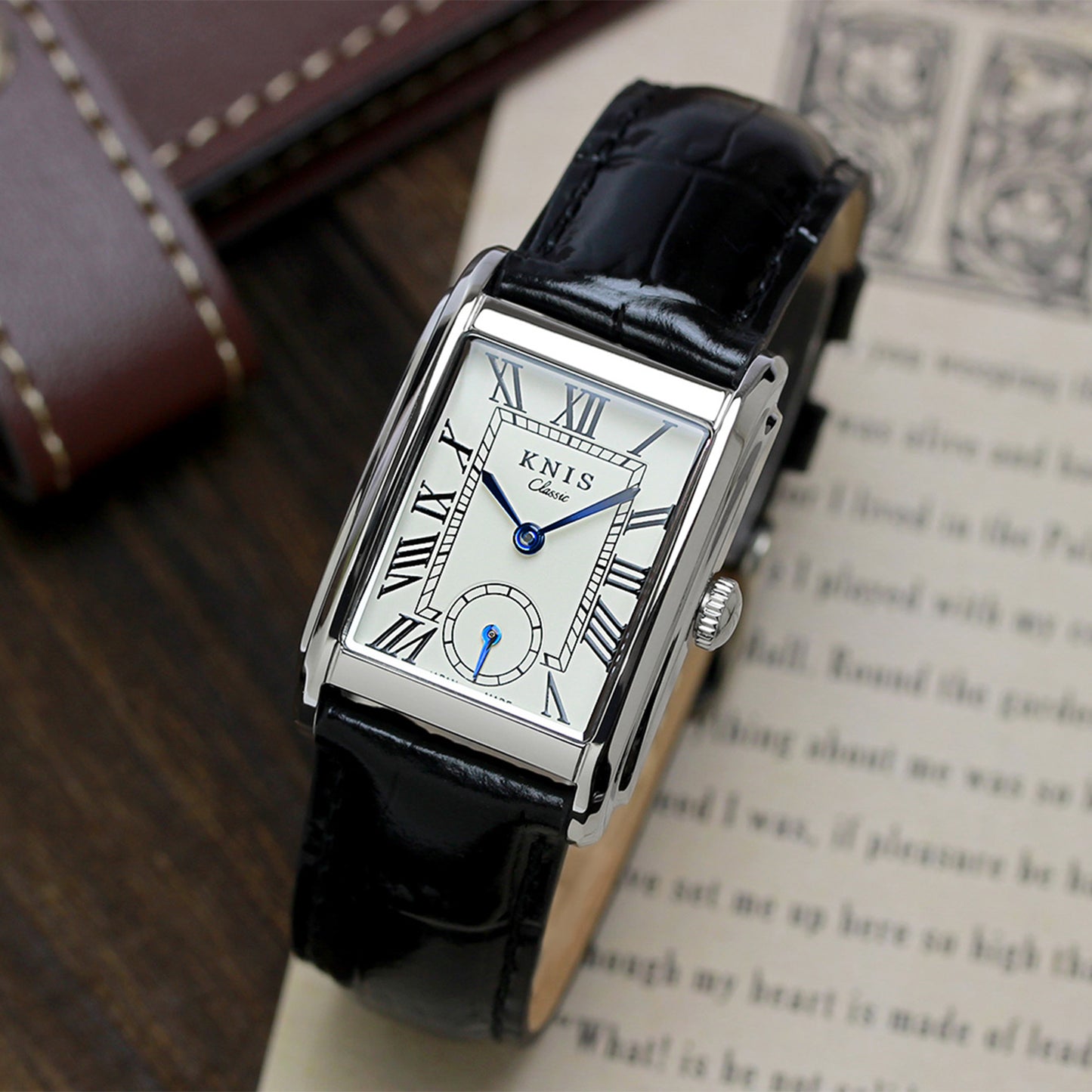 Classic Rectangular Silver Crocodile Embossed Leather Black KN004-SVBKC