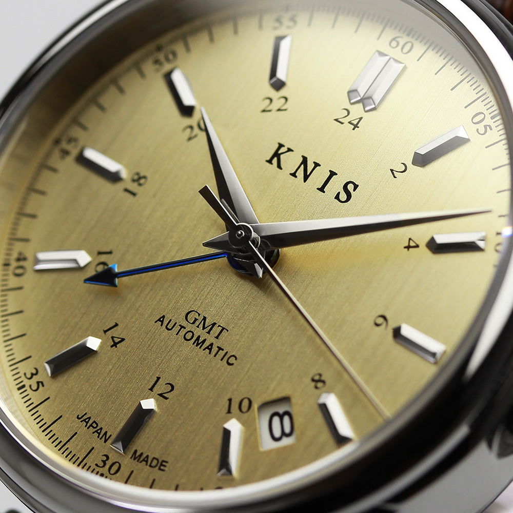 KNIS CLASSIC GMT 自動巻き 日本製 レザー シャンパンゴールド KN008
