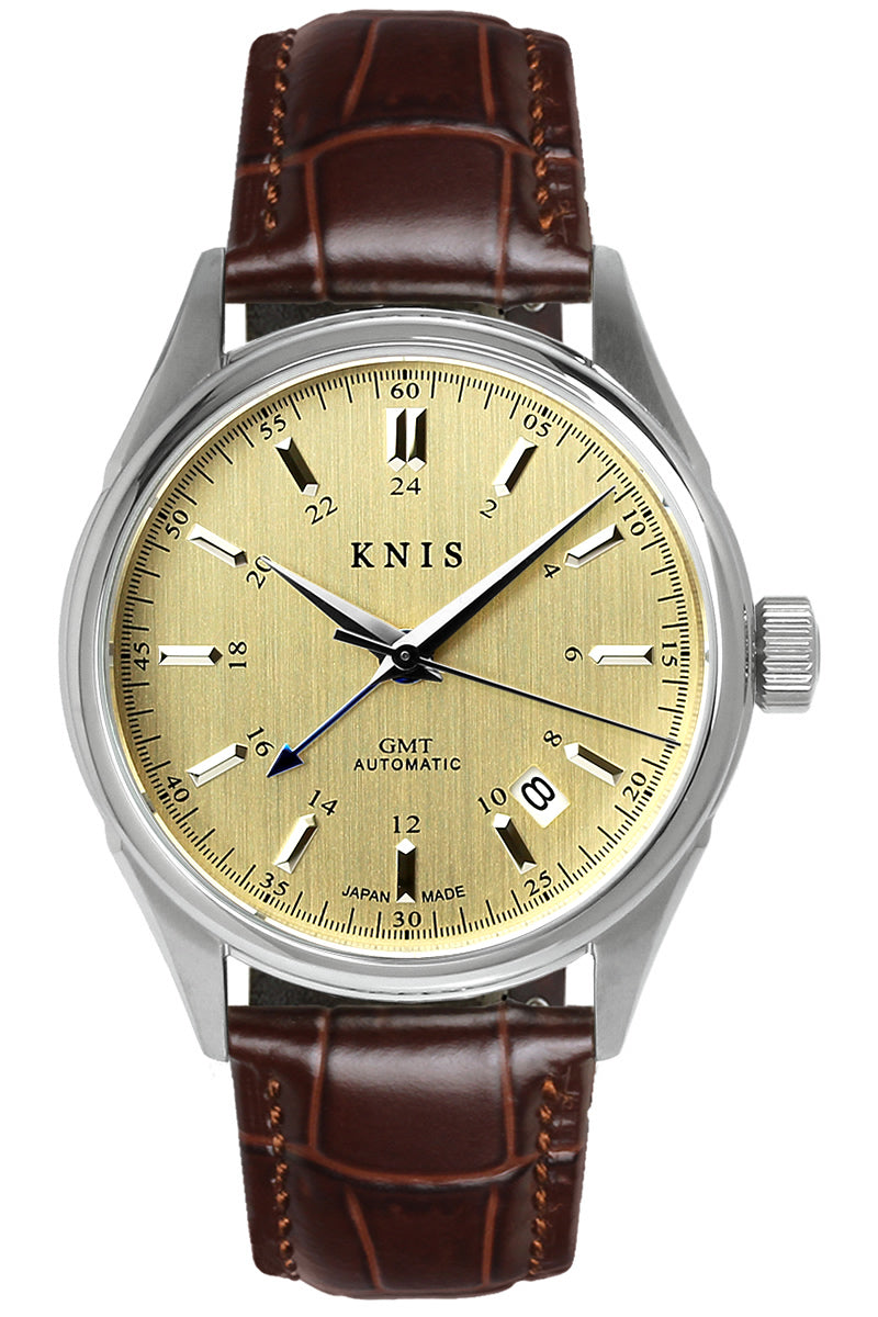 GW特価LEATHERWOOD bespokeRosin blend vn. KNIS CLASSIC GMT 自動巻き 日本製 レザー シャンパンゴールド KN008