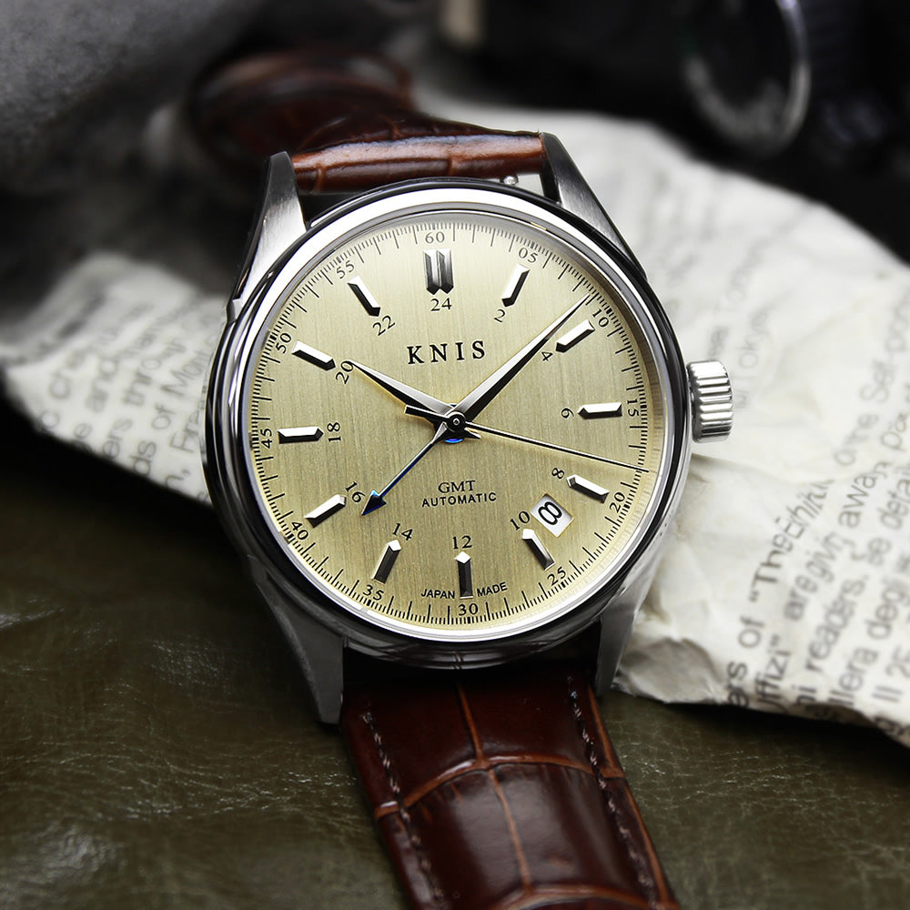 KNIS CLASSIC GMT 自動巻き 日本製 レザー シャンパンゴールド KN008