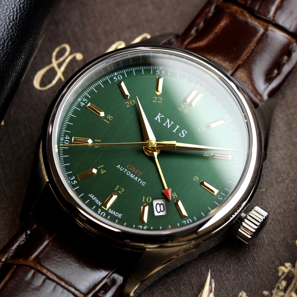 KNIS Classic GMT Automatic Green / Brown Leather Strap (KN008-GRBRLE)