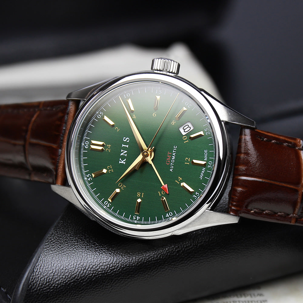 KNIS Classic GMT Automatic Green / Brown Leather Strap (KN008-GRBRLE)