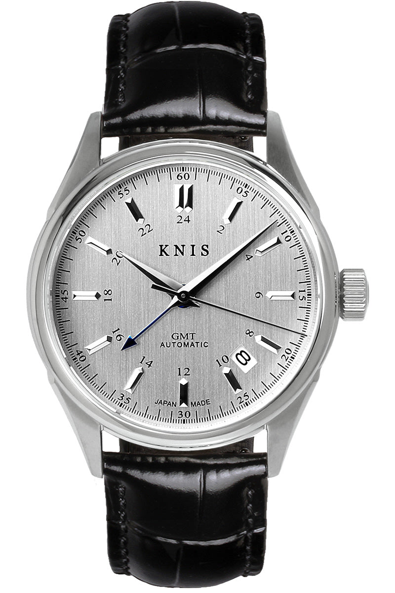 KNIS CLASSIC GMT 自動巻き 日本製 レザー シルバー KN008-SVBKLE