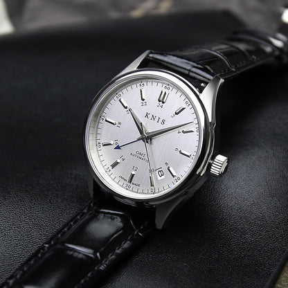 KNIS CLASSIC GMT 自動巻き 日本製 レザー シルバー KN008-SVBKLE
