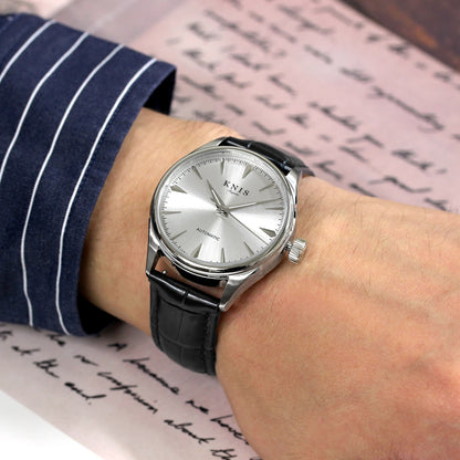 KNIS Automatic Sunray Dial White Silver Black Leather KN001-WHBKLE 